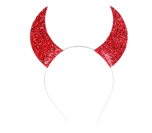 Close-up of red sequin devil horns headband for Halloween and cosplay party costumes