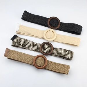 Bohemian braided elastic waist belts with round wooden buckles in four stylish colors