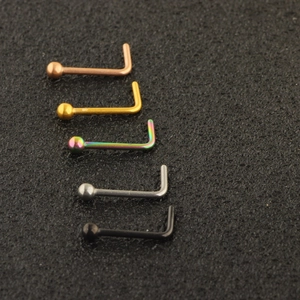 L-shaped stainless steel nose pins set in rose gold, gold, silver, black and rainbow colors