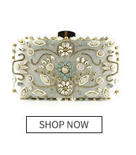 Detail of grey satin evening clutch bag with intricate blue and silver floral beadwork