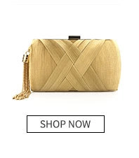 Close-up of golden beaded evening clutch bag featuring fringe tassels and metal clasp
