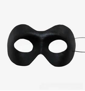 Detailed close-up of a classic black masquerade eye mask with woven fabric texture