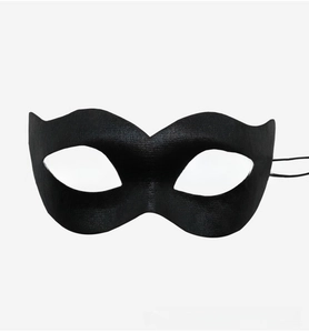 Detailed view of black textured masquerade eye mask with scalloped edges and elastic strap