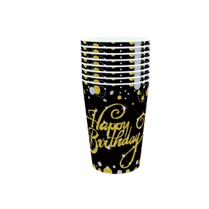 Black and gold Happy Birthday disposable paper cups with star and dot patterns for parties
