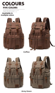 Detail view of retro canvas backpack in coffee and green with leather straps and multiple pockets