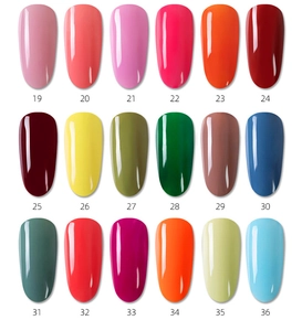Detailed color palette showing 18 glitter nail gel polish shades numbered 19 to 36