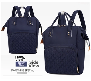 Front and side views of navy blue nylon mommy backpack with diamond quilted stitching
