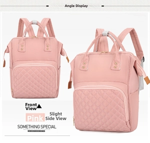 Pink quilted nylon diaper bag backpack showing front and side views in detail