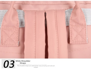 Detail of wide pink nylon shoulder straps with reinforced stitching for comfortable carrying