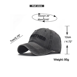 Detailed view of dark grey washed cotton baseball cap with 3D Together embroidery and dimensions