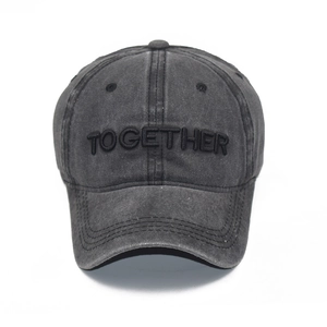 Vintage washed grey cotton baseball cap with 3D Together embroidery and adjustable strap