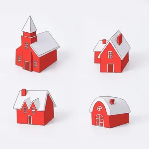 Set of four red Christmas resin house figurines with snow roofs for festive tabletop decor