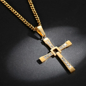 Polished gold cross pendant necklace with white crystals and cuban chain for men