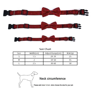 Detailed size chart for bow pet collars showing S, M, L dimensions and neck measurement guide