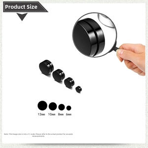 Size comparison chart showing four diameters of black magnetic titanium clip-on earrings