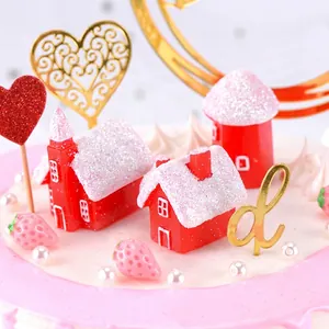 Three-piece red Christmas house cake toppers with glitter snowy roofs for holiday decor