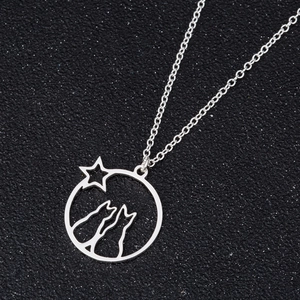 Polished silver long necklace featuring cats silhouette inside a ring with a star pendant