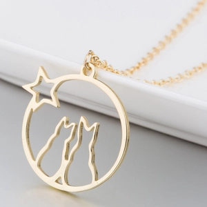 Cute Cats Star Pendant Necklace Stainless Steel Hollow Round Circle Choker Fashion Jewelry For Women