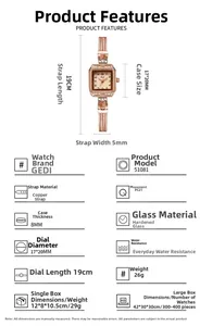 Detail view showing technical specifications and dimensions of the square dial watch