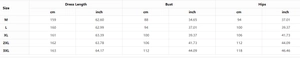 Size chart for velvet embroidered dress showing measurements in cm and inches for sizes M to 3XL