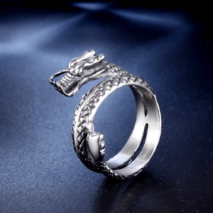 Vintage silver dragon wrap ring for men with detailed scales and an adjustable open band