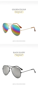 Detail view of gold aviator sunglasses with rainbow lenses and black frame with silver lenses