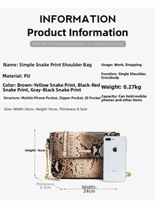 Detailed size specifications and interior features of the faux snake print crossbody bag