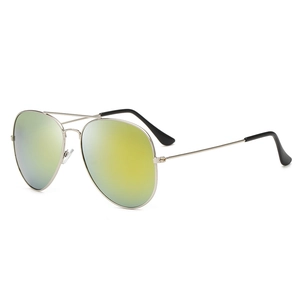 Classic silver aviator sunglasses featuring yellow and green gradient mirrored lenses