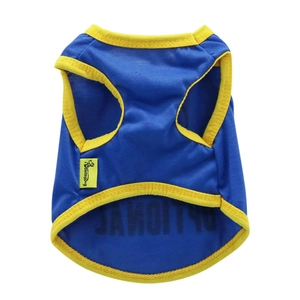 Gilet respirant bleu pour chien avec bordure jaune et étiquette DroolingDog sur blanc
