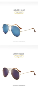 Detail view of gold frame aviator sunglasses with ice blue and blue mercury lenses