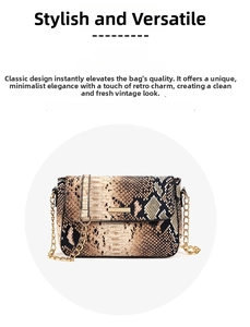 Detailed close-up of snake print crossbody bag with gold chain strap and metal trim