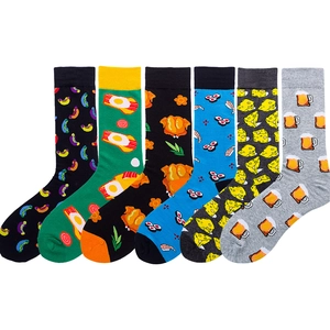 Set of 6 fun cotton crew socks with patterns like beer, sushi, and breakfast
