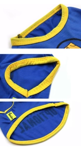 Détails des coutures de qualité sur gilet bleu pour chien avec bordure jaune au col