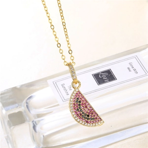 Colorful zircon watermelon pendant necklace with gold chain and sparkling crystal stones
