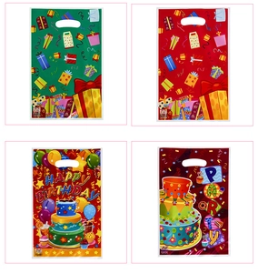 Detailed grid view of four plastic birthday gift bags with colorful party patterns