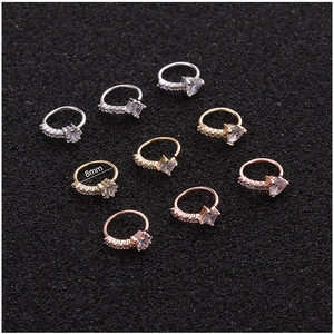 Zircon heart nose rings in gold, silver, and rose gold finishes, 8mm piercing jewelry