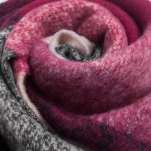 Plaid tassel scarf with pink gray and black geometric pattern in soft textured wool blend