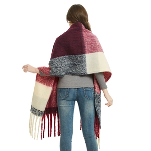 Plaid oversized scarf with tassels in burgundy and navy blue, knit texture model view