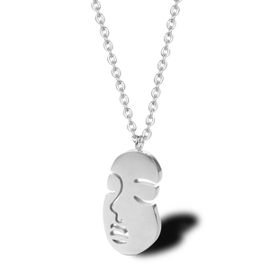 Abstract face pendant necklace in silver stainless steel with minimalist hollow design