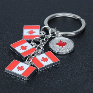 Detailed close-up of Canada flag keychain with red maple leaf charms on a dark texture