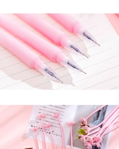 Detailed close-up of pink cherry blossom shaped gel pen with soft grip and 0.5mm tip