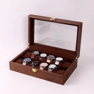 Boîte à montres vintage en bois à 12 compartiments avec vitre transparente et loquet