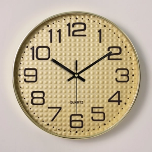 Modern 12-inch gold silent wall clock with 3D embossed grid dial and black numerals