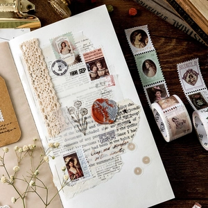 Vintage Briefmarken Washi-Tape-Set mit Retro-Porträts und Schreibschrift für Journaling
