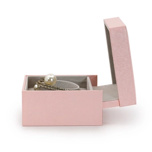 Elegant pink cross-grain wedding ring jewelry box with soft grey velvet lining