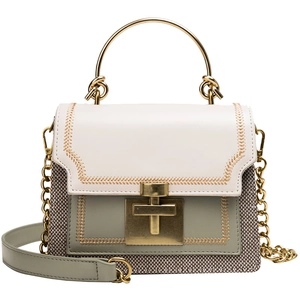 Chic tricolor crossbody bag with gold T-lock and chain strap in white background