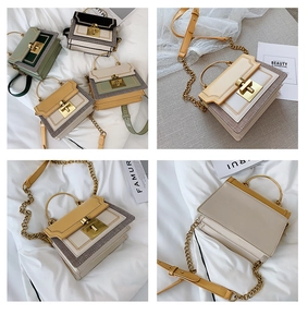 Detail view of stylish square handbags featuring gold T-turn locks and chain straps