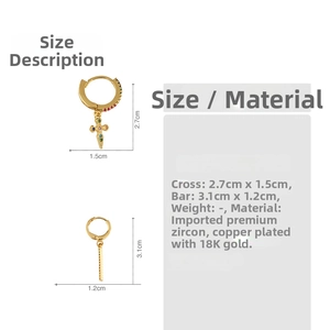 Detailed size specifications for 18K gold-plated cross and bar earrings with colorful zircons