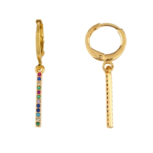 Detail of gold lever-back earrings with dangling vertical bar and multi-color zircon stones