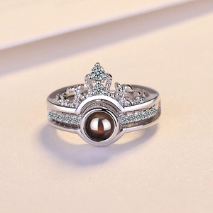Silver crown two-in-one projection ring with 100 languages of I love you hidden inside